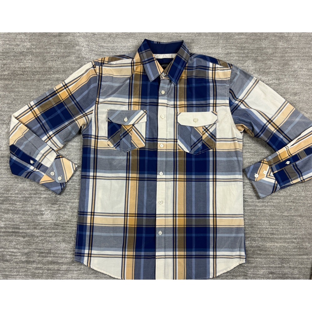 Knockout Jeans Shirt Mens L Blue Tan White Plaid Button Up‎ Long Sleeve 1822